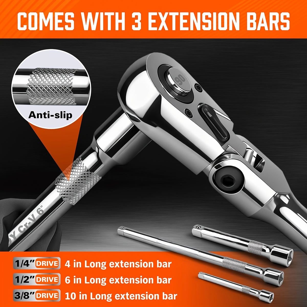 Flexible Ratchet Wrench Set 1/4" 3/8" 1/2" Drive, 72-Tooth Twist Head Ratchet with Extension Bar, 180° Adjustable Quick Release, EVA Foam Case, 3pcs/6pcs