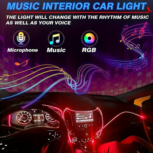 1 Set 236 Inches RGB 5in 1 Ambient LED Strip Lights Kit- Wireless App Controlled, 16 Million Colors, Sync to Music, 12V, Room Electrical/Hard Wiring, for Motor Vehicles, with Fiber Optic Cable
