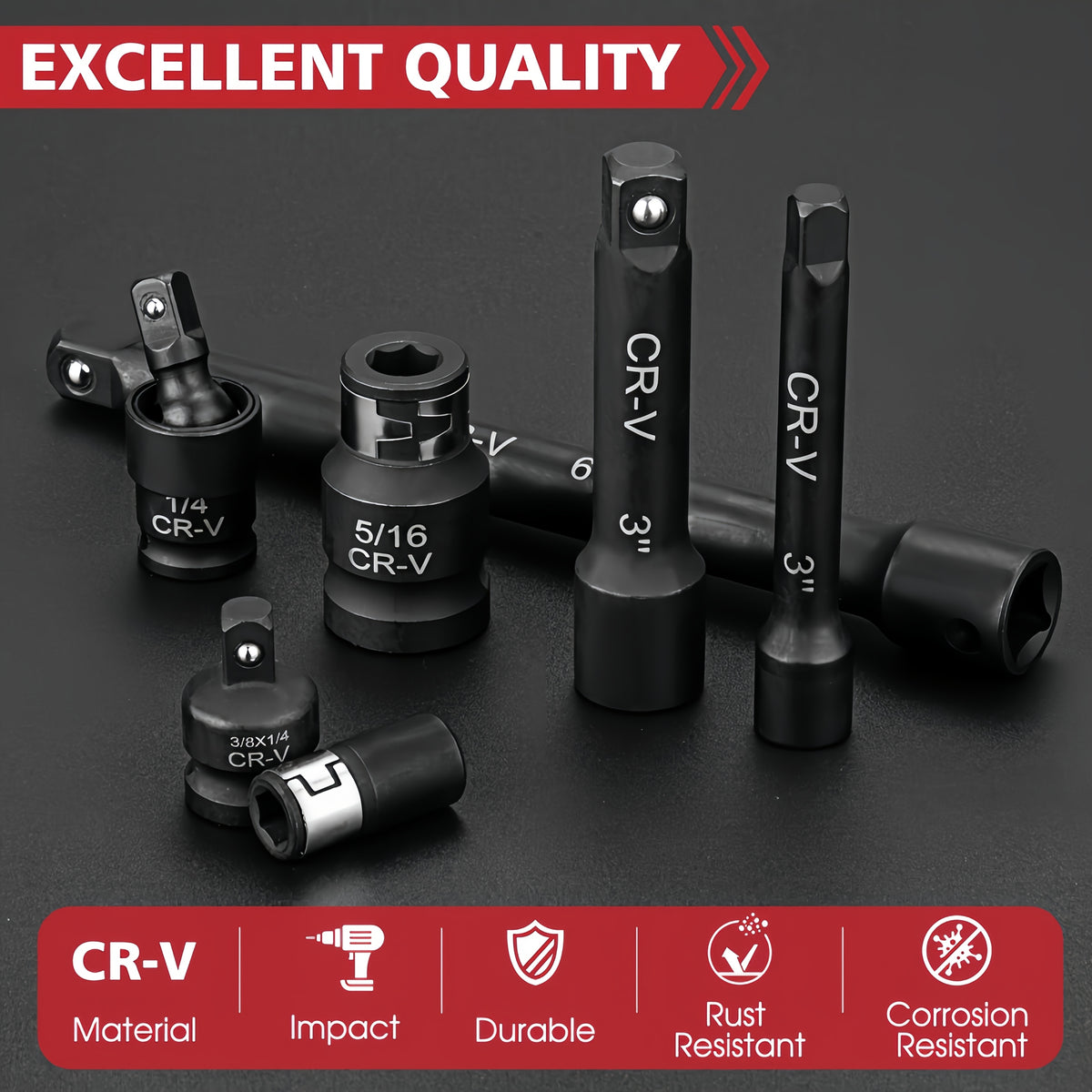 18-Piece Socket Extension Bar Set – CR-V Steel, 1/4" 3/8" 1/2" Drive, Adapters & Impact Bit Connectors