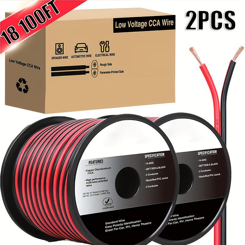 CCA Speaker Wire Red Black 2-Conductor Parallel DC Flexible Cable for Car Audio Amplifier Radio Speaker LED Strip 12V 24V 36V Copper Clad Aluminum