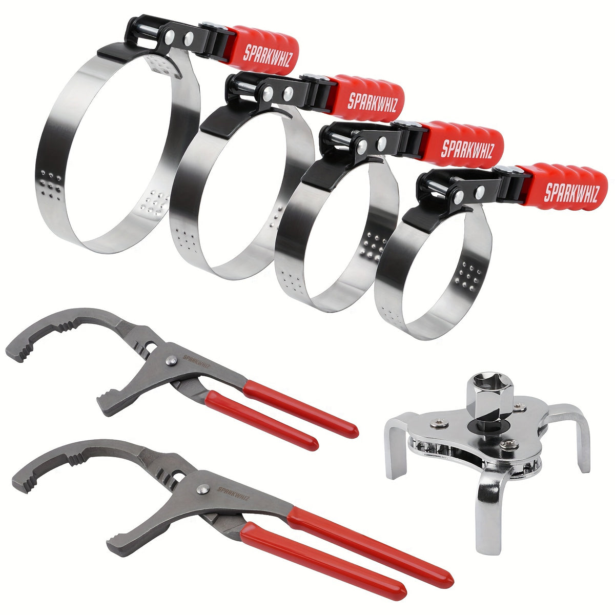 Oil Filter Removal Tool Kit, Adjustable 3-Jaw Wrench and 9" & 12" Oil Filter Pliers, Fits 2-3/4" to 5-1/4" Filters, Anti-Slip PVC Handles, 7PCS Set with Funnel