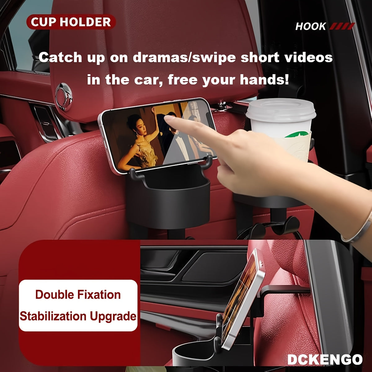 Car Headrest Hook 4 Pack 2-in-1 - Seat Back Hook with Cup Holder & Mini Trash Can, Multi-Function Auto Interior Organizer, Universal Fit