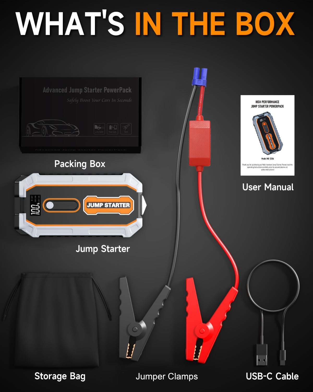 Jump Starter 6000A Peak All-in-One Portable Car Battery Booster Pack with USB Ports LED Flashlight Safety Hammer for 12V Cars SUVs Trucks