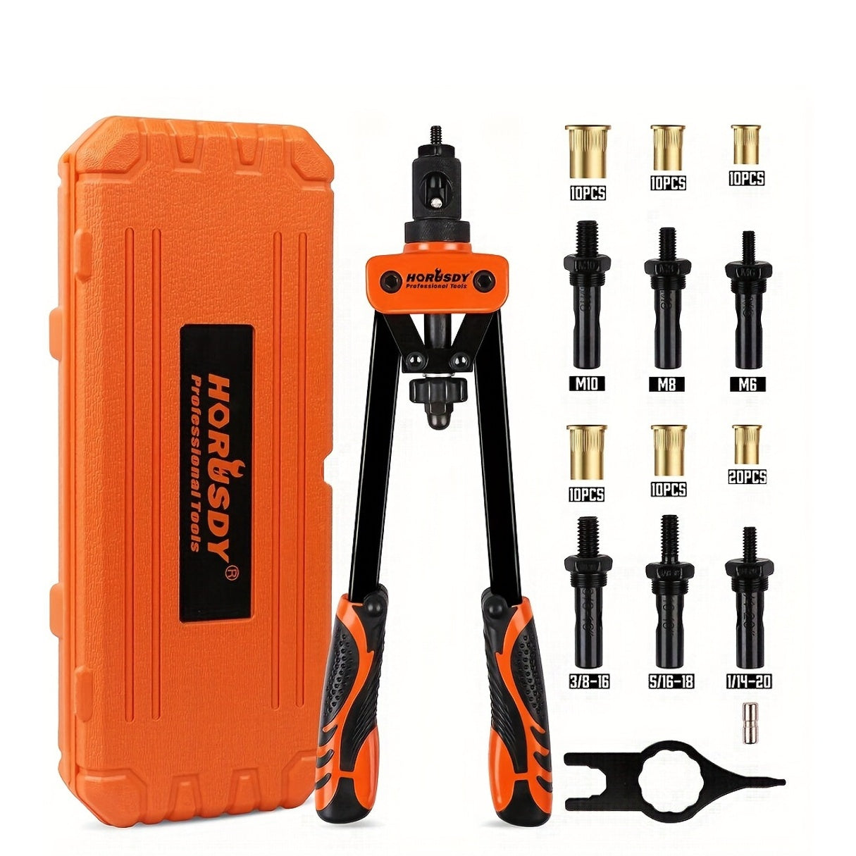 14-Inch Hand Rivet Nut Tool Kit – 7 Mandrels (M6 M8 M10 / 1/4-20 5/16-18 3/8-16), 70pcs Rivet Nuts, Chrome Steel, Carrying Case Included