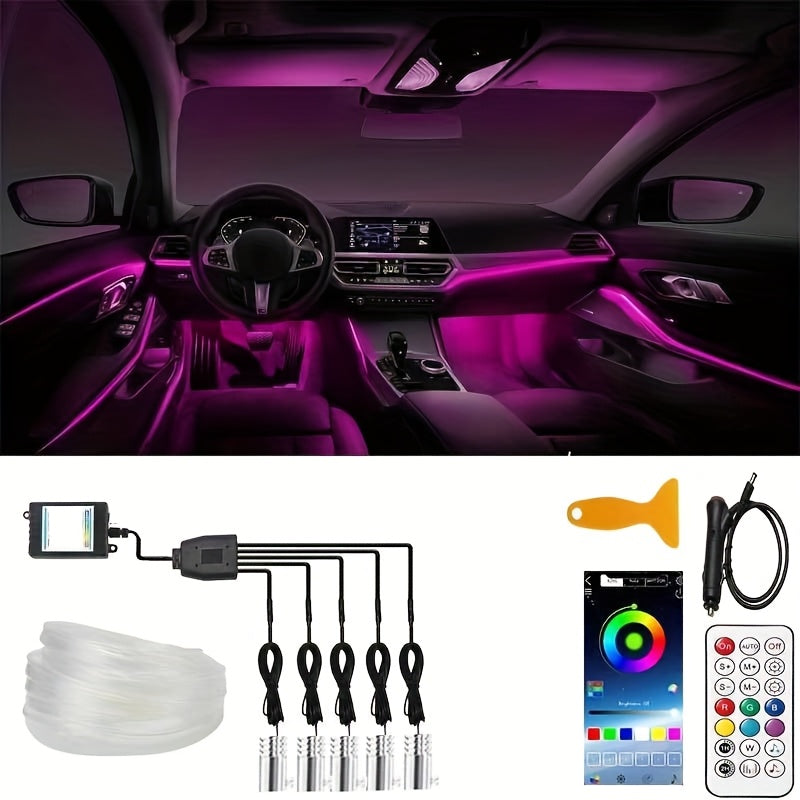 RGB Car Interior Ambient Light Kit - App & Voice Control, 8-Color LED Atmosphere Lighting for Dashboard Roof Console, USB Powered