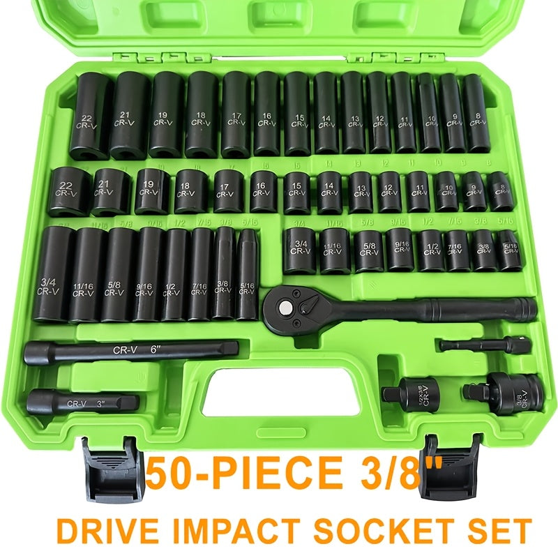 Impact Socket Set 50/53pcs 3/8 Inch Drive, Metric 8-22mm & Imperial 5/16-3/4", Cr-V Steel, with 1/4" 24-Tooth Sockets, for Mechanics Enthusiasts & Industrial Use