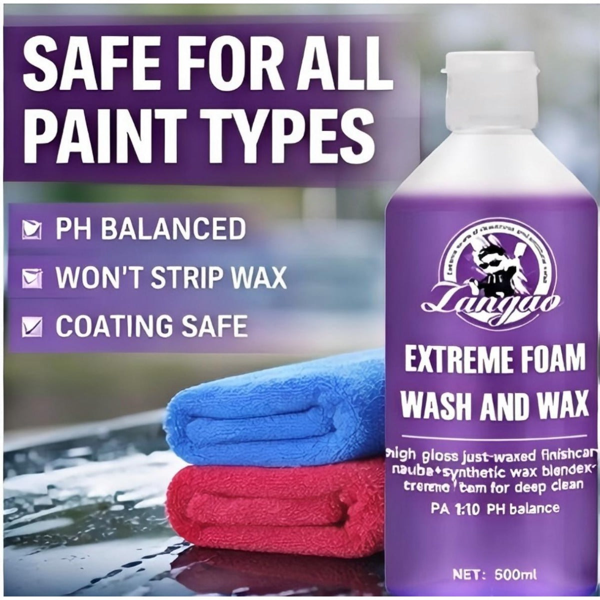 Car Wash and Wax 2-in-1 Foam Shampoo – High Gloss, pH Balanced, Scratch-Free, Safe for Ceramic Coating, 16.91oz