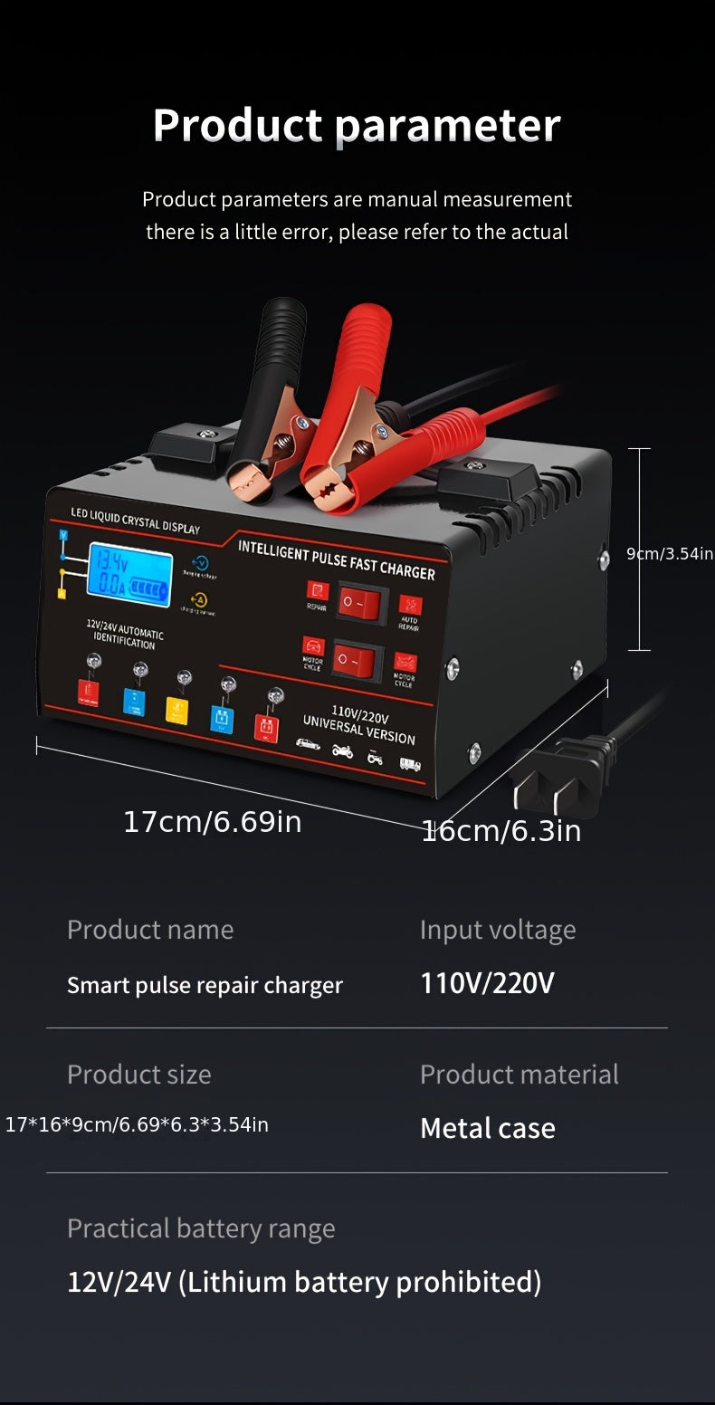 12V/24V Smart Universal Battery Charger – LCD Screen, Pulse Repair, Trickle Maintainer & Temperature Regulation for Car, Truck, Motorcycle, Boat & Lawn Mower Lead Acid Batteries