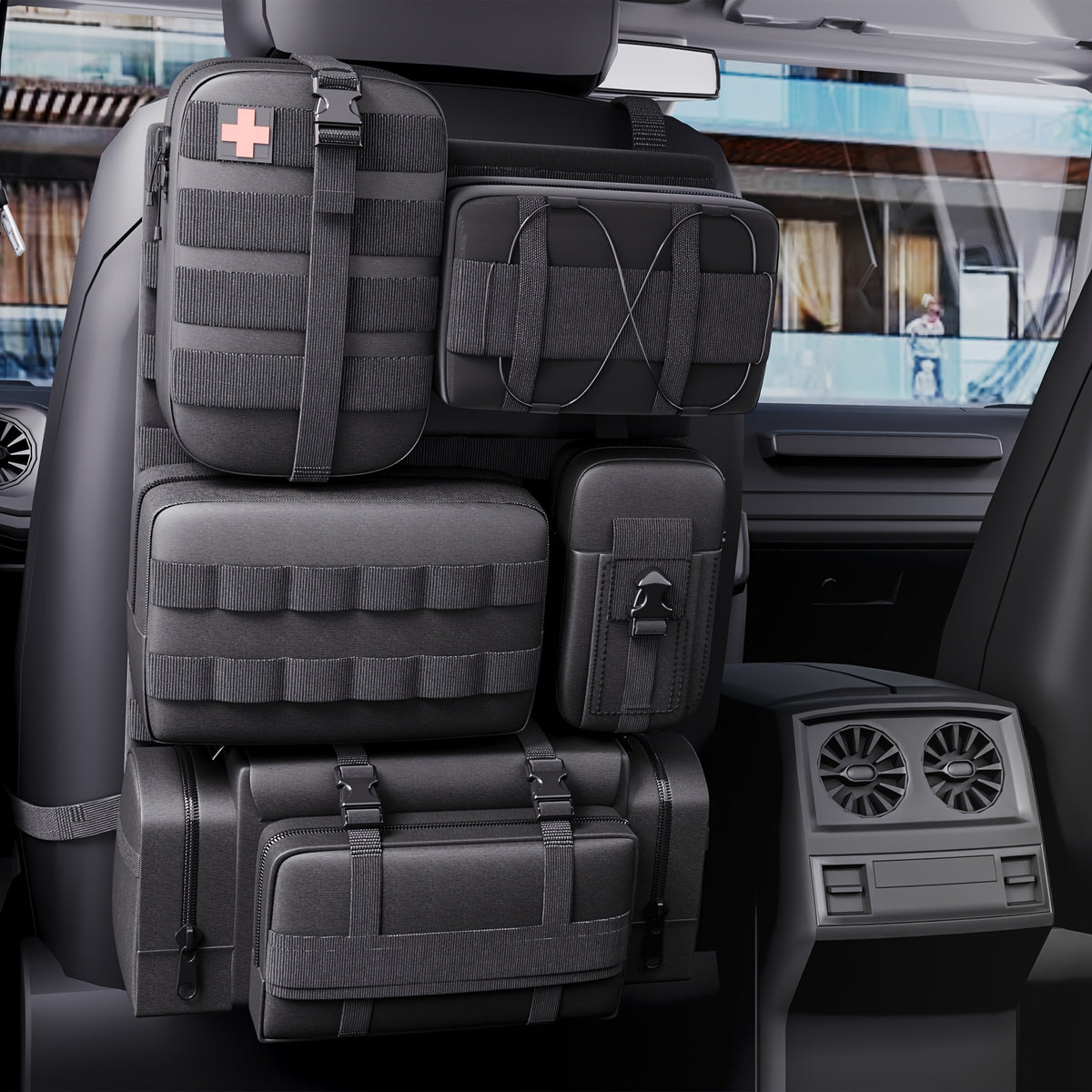 MOLLE Tactical Car Seat Organizer 5-Pocket – Heavy-Duty Nylon Seat Back Storage Bag | Universal Fit Jeep Truck SUV Off-Road Black