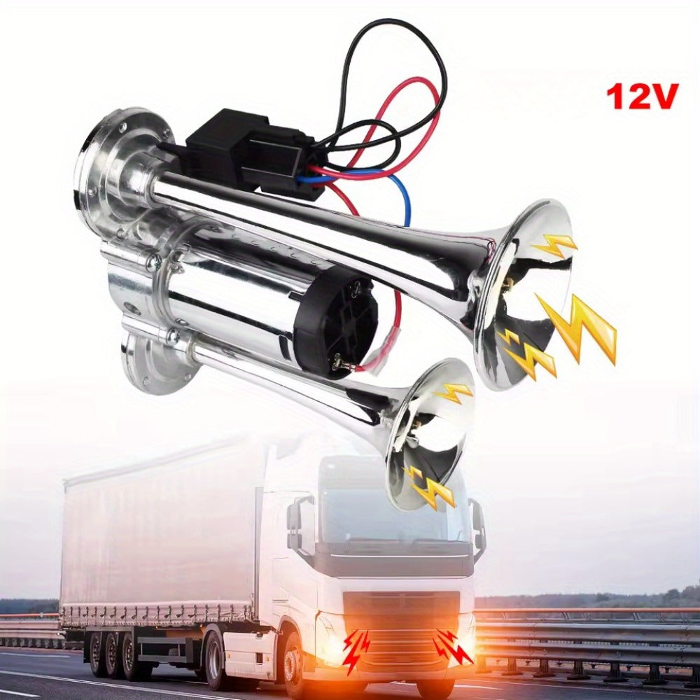 Dual Trumpet Electric Air Horn 110dB 12V Chrome for Car Truck Boat SUV Motorcycle – Loud Horn Kit with Compressor & Mounting Hardware