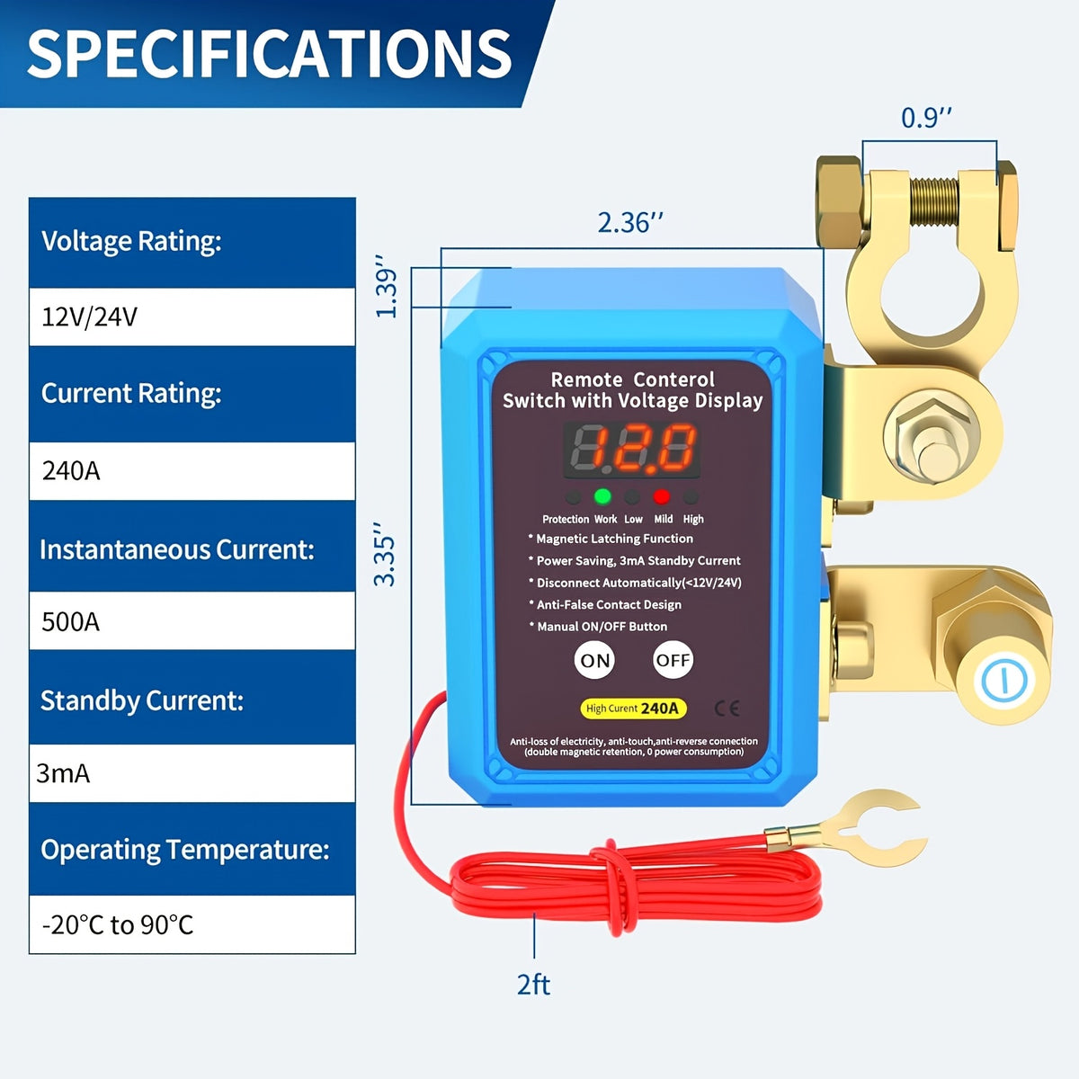 Remote Battery Disconnect Switch 12V 240A | Magnetic Lock Anti-Theft Power Cut-Off with 2 Remote Controllers for Cars Trucks RVs