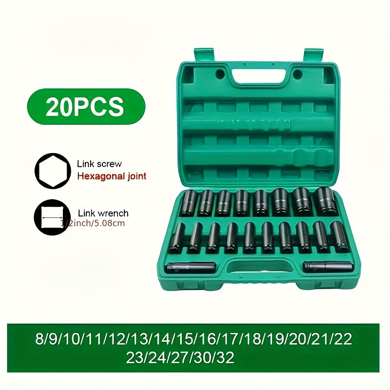20-Piece 1/2" Drive Metric Deep Impact Socket Set 8mm–32mm – CR-V Hex Sockets for Electric Wrench & Automotive Repair
