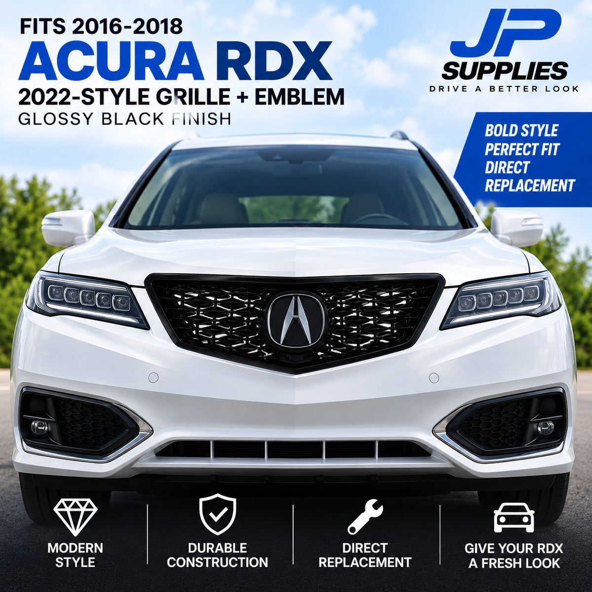 GLOSSY BLACK 2022 STYLE MESH GRILLE WITH EMBLEM FITS 2016-2018 ACURA RDX