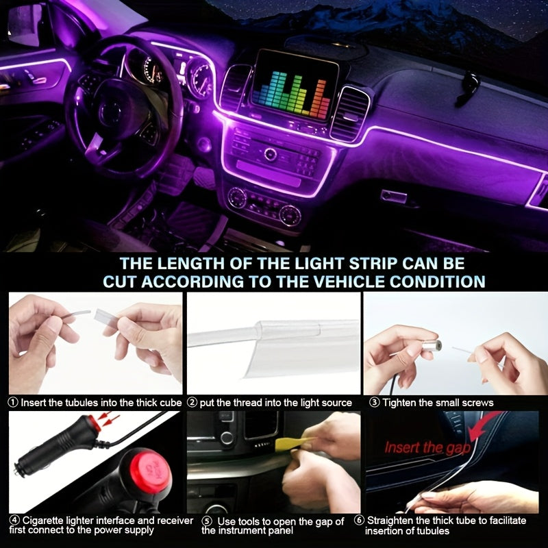 1 Set 236 Inches RGB 5in 1 Ambient LED Strip Lights Kit- Wireless App Controlled, 16 Million Colors, Sync to Music,  12V, Room Electrical/Hard Wiring, for Motor Vehicles, with Fiber Optic Cable