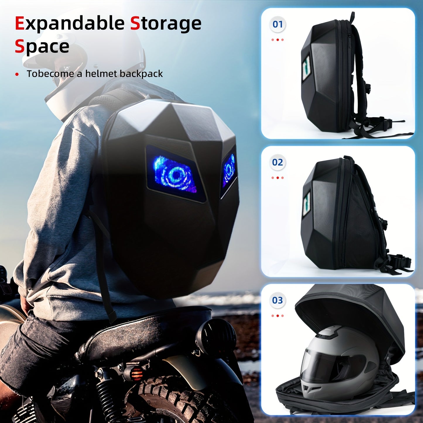Gelrova Knight LED Motorcycle Backpack With Eye, Hard Case Riding Helmet Backpack Motorbike Laptop Bag, Large Size 19inch, USB Powered Gear (Power Bank Not Included), Black