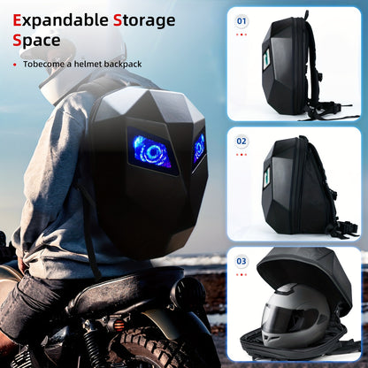Gelrova Knight LED Motorcycle Backpack With Eye, Hard Case Riding Helmet Backpack Motorbike Laptop Bag, Large Size 19inch, USB Powered Gear (Power Bank Not Included), Black