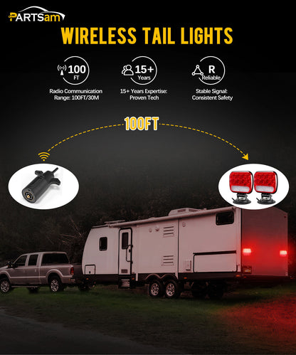 Partsam Wireless LED Trailer Light Kit Magnetic Towing Tail Light Portable Universal Stop Turn Running Backup Reverse Red+Clear Lens w/ 7-Pin Plug Dual USB Cable Charger for Trucks Trailers 12-24V, IPX5