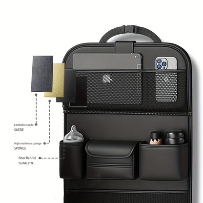 QIANKUNBAG PU Leather Car Backseat Organizer with Foldable Table Tray, Black Grey Green Car Storage Organizer with Tablet Holder, Car Seat Back Protectors Kick Mats Travel Accessories