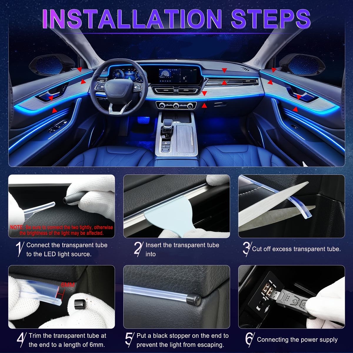 RGB Car Interior Ambient Light Kit – 5-in-1 Fiber Optic LED Strip 276 Inch, 16 Million Colors, Music Sync, App Control for Cars, Trucks & SUVs