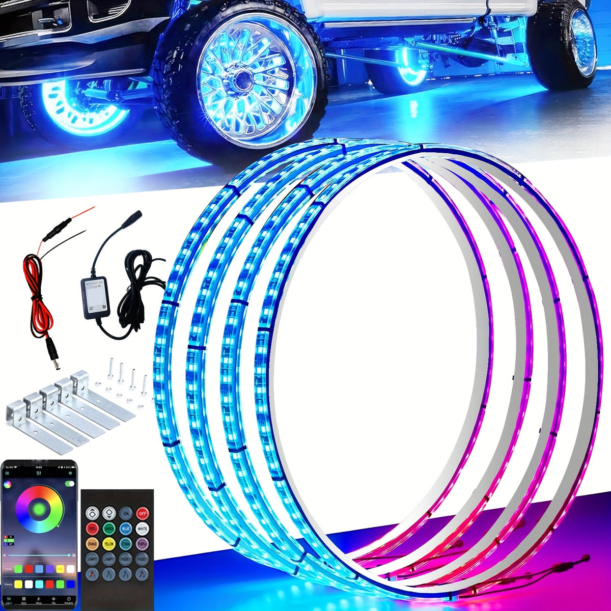 LED Wheel Ring Lights with Remote Control – 7-Color Flashing Modes, Car Rim Light Kit for Truck SUV Pickup Offroad Vehicle, USB LED Strip Option