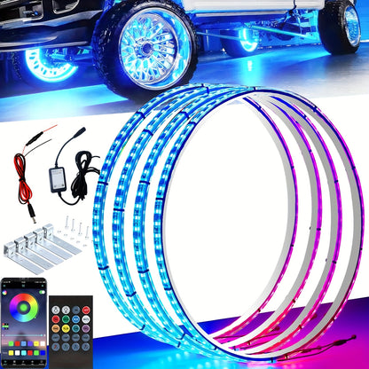 LED Wheel Ring Lights with Remote Control – 7-Color Flashing Modes, Car Rim Light Kit for Truck SUV Pickup Offroad Vehicle, USB LED Strip Option