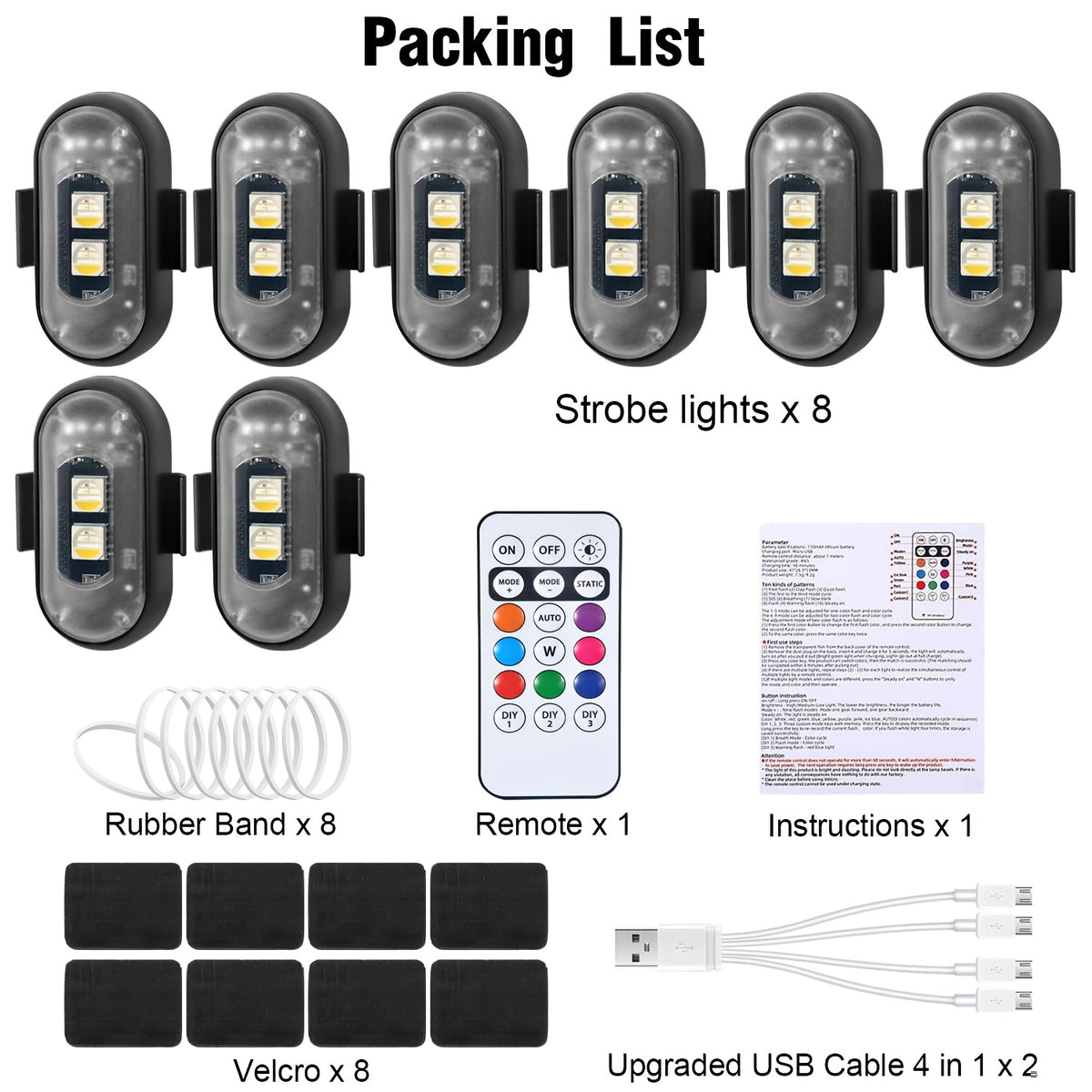 Wireless LED Lights for Vehicles 6 or 8 Pack with Remote Control 8 Colors USB Rechargeable for Car Interior Truck Motorcycle Bicycle Drone Universal Fit