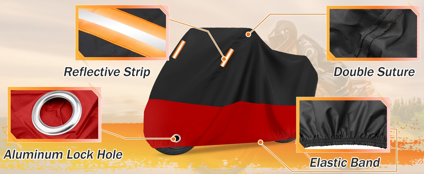 Motorcycle Cover, 210D Oxford Cloth All Weather Outdoor Wind And Sun Protection with Reflective Stripes for Harley Davidson for HONDA for SUZUKI Kawasaki Yamaha (Black And Red)