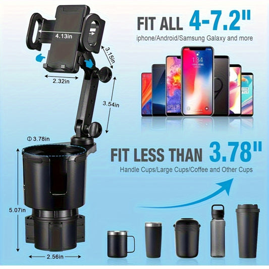 1 In-car 2-in-1 Holder, Versatile Portable Swivelable Car Phone Cup Holder for Cars, SUVs, Trucks, with Shock Trim, Black Car Cup Holder Extender