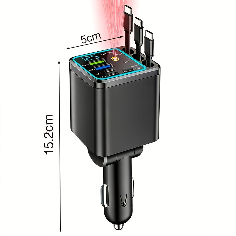 7-in-1 Car Fast Charging Mobile Phone Charger | Upgraded Color Light, 3 Extendable Cables, Fast Charging Interface, 180° Free Adjustment Angle, LED Intelligent Digital Display Screen, USB Connector, Universally Applicable, Without Battery