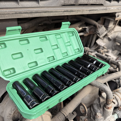 This Set of 1/2 Inch Deep Impact Sockets Comes with a Sturdy Green Storage Case, Perfect for Tasks Like Tire Removal, Mechanical Repairs, And Car Maintenance. It Works Well with Both Electric And Pneumatic Drills
