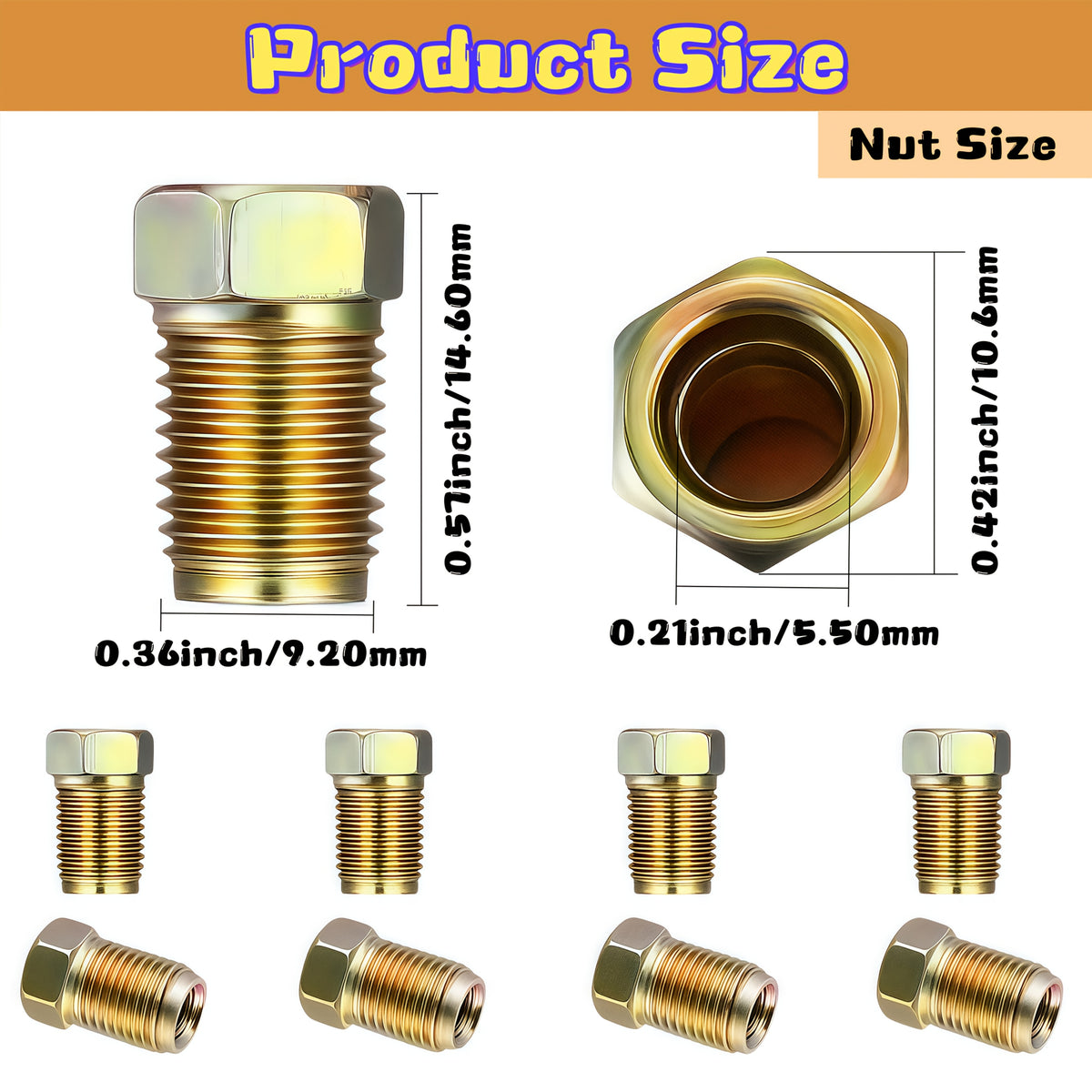 Brake Line Fittings Assortment – 3/16" 1/4" 5/16" 3/8" Tube, Inverted Flare Union Connectors, Multiple Thread Sizes with Hose Clamps