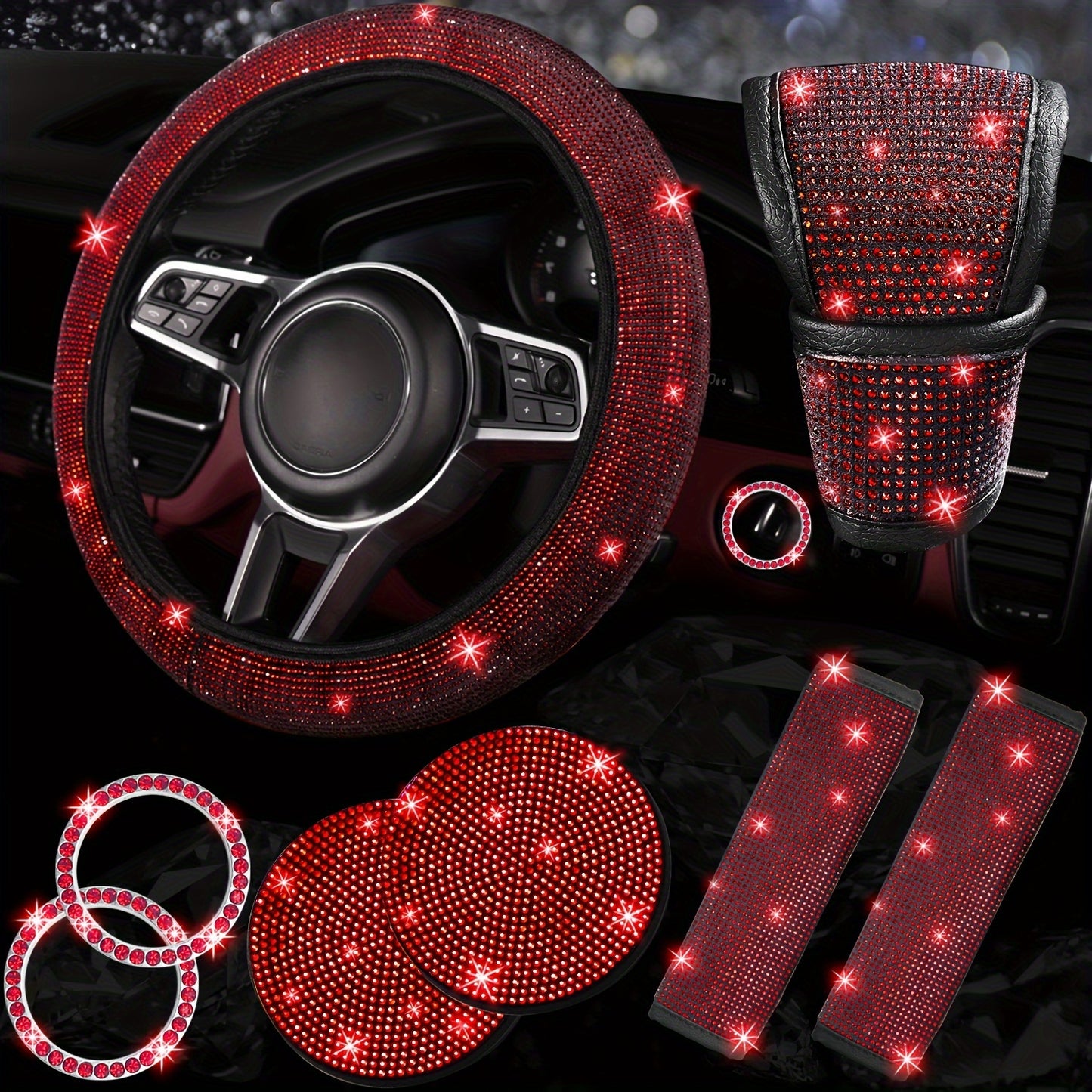 Set of 8 Sparkly Car Additions for Women, Including a Glittery Steering Wheel Cover, Shiny Car Coasters, Belt Shoulder Pads, Ring Emblem Sticker, And Gear Shift Cover