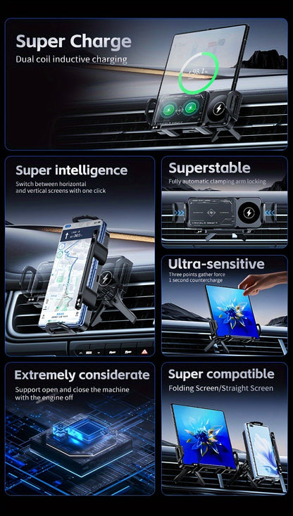 Wireless Charging Phone Holder Car Mount for Folding Screen/Universal Smartphone, 90° Rotating Car Mount Output Power 15W, Super Stable Air Vent Cell Phone Car Mount with Hook Clip, One Button Release for iPhone, Samsung, Google, and Other Smartphone