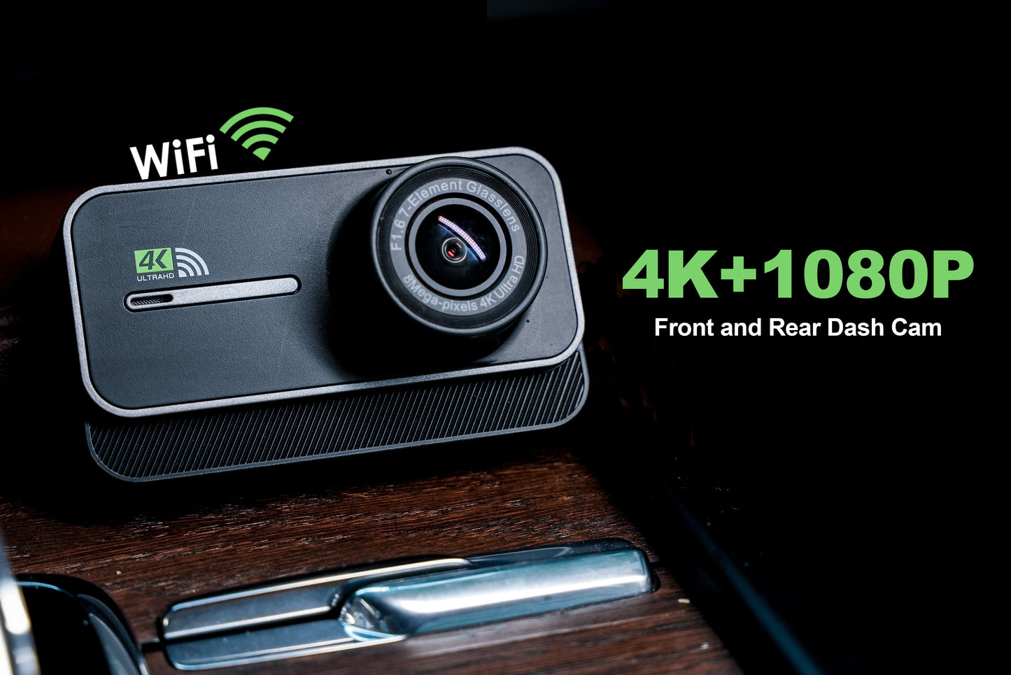 4K Dashboard Camera for Vehicles with WIFI, Video Recording Capabilities, Rear View Camera, Night Vision, And Parking Monitoring (Includes 64GB Memory Card)