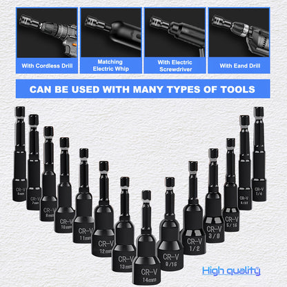 [Magnetic Nut Driver Set] 1/4" Hex Shank | Magnetic Nut Driver Set | 15pcs | Impact Nut Driver Set | SAE (1/4" to 9/16") And Metric (6-14Mm) | Chrome Vanadium Steel