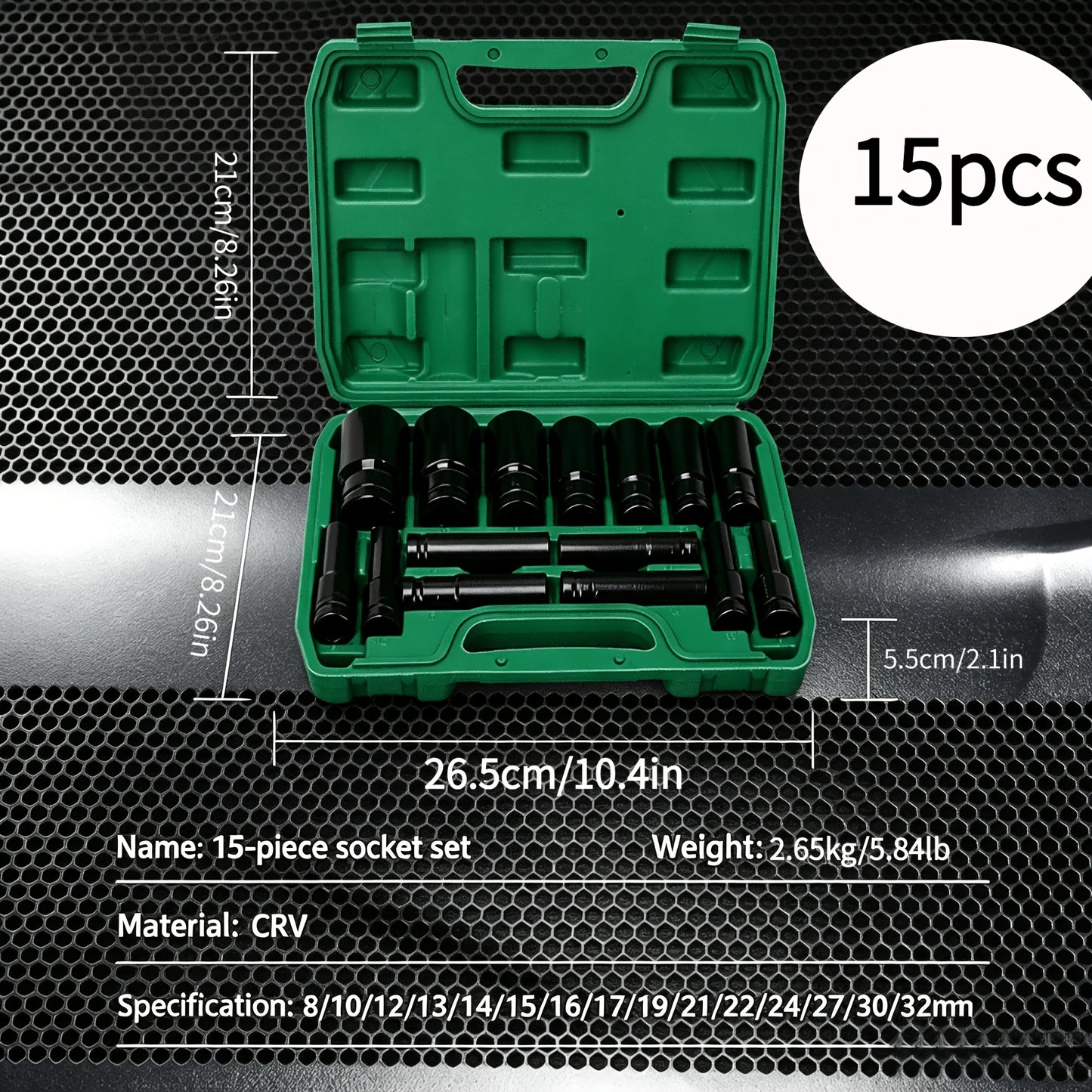 1/2-Inch Deep Impact Socket Set with Sturdy Green Storage Case, Pneumatic& Electric Drill Compatible, Ideal for Tire Removal, Mechanical Repair& Auto Maintenance
