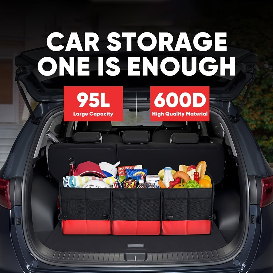Foldable 25.1gal Car Trunk Organizer | Multi-Compartment Storage with 4 Compartments and 2 Retractable Straps, Ideal for Travel, Camping, Shopping, Fits SUVs, Trucks, Minivans