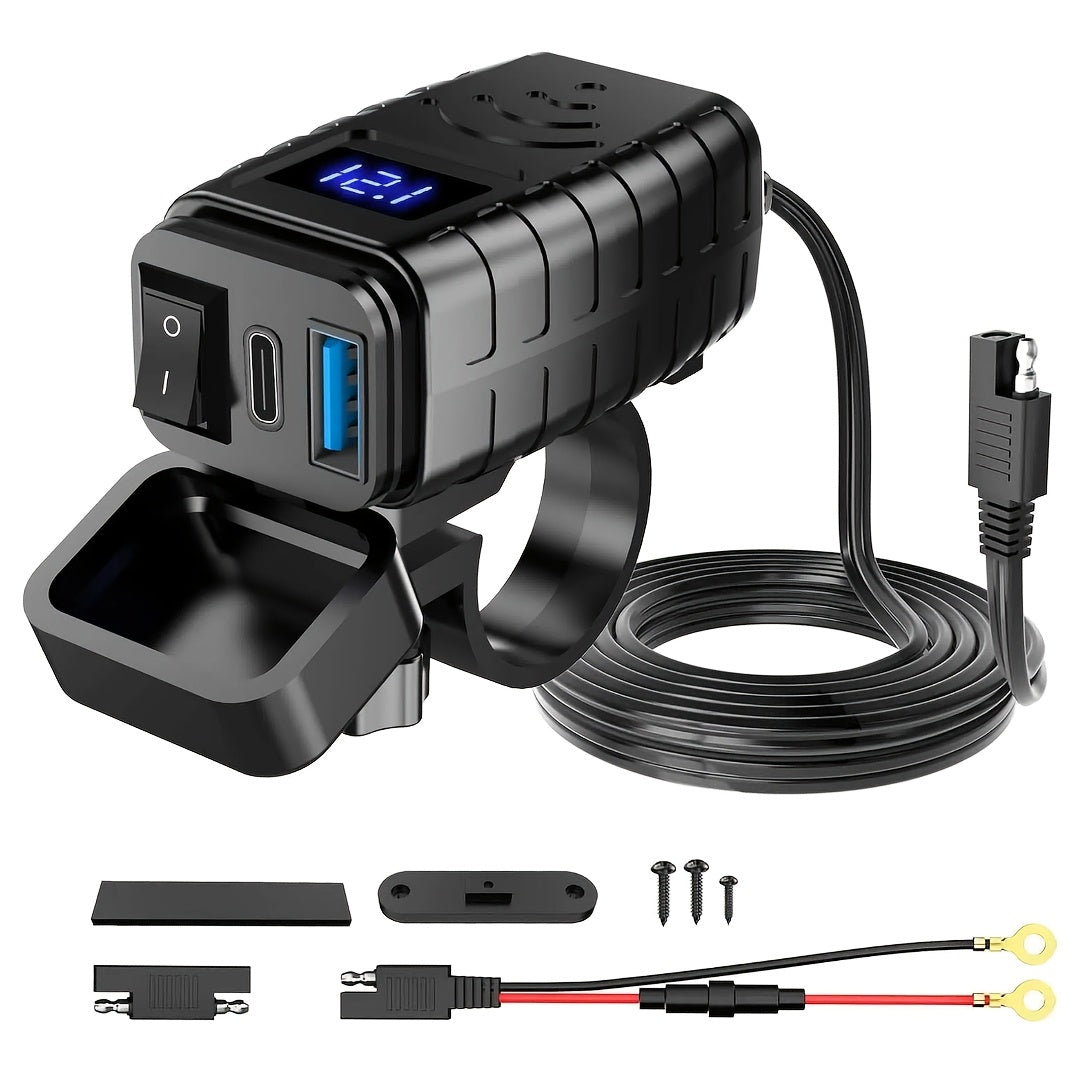 Motorcycle USB Charger Dual USB Type-C PD & Quick Charge 3.0 with Voltmeter & ON/OFF Switch – Fast Charging for Phone Tablet