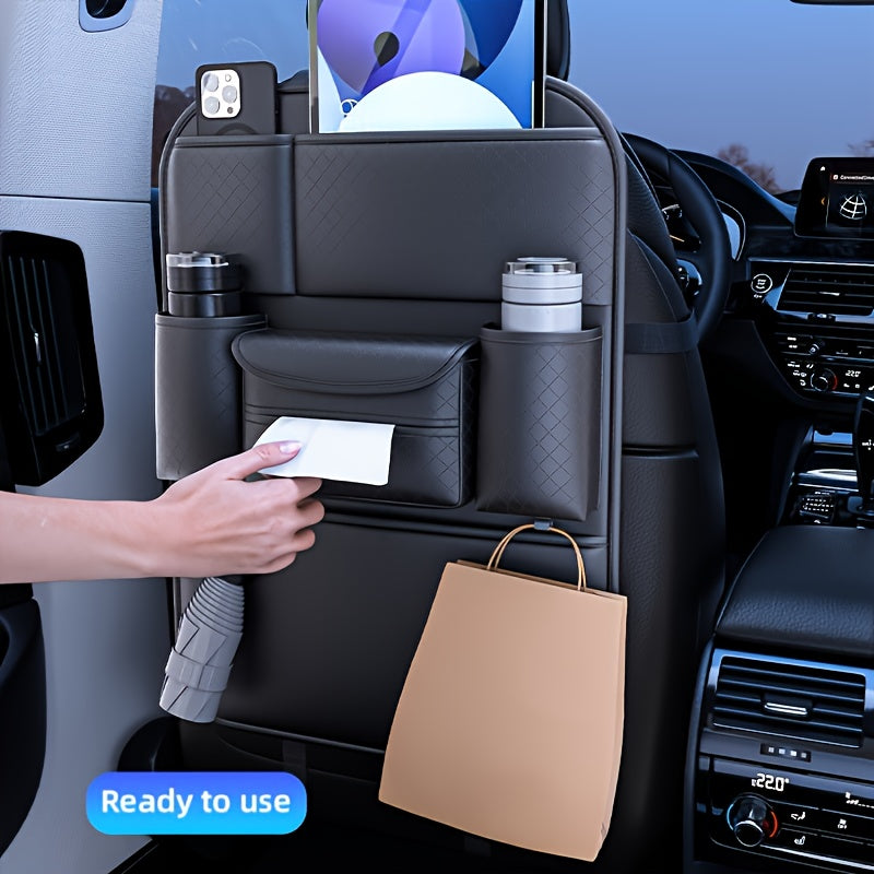 1pc High Quality Black Car Seat Back Organizer - Large Capacity PU Leather Storage Bag for Water Bottles, Tablets, Laptops And Accessories, Stylish Multi Compartment Backseat Organizer for Easy Car Storage