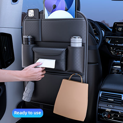 1pc High Quality Black Car Seat Back Organizer - Large Capacity PU Leather Storage Bag for Water Bottles, Tablets, Laptops And Accessories, Stylish Multi Compartment Backseat Organizer for Easy Car Storage