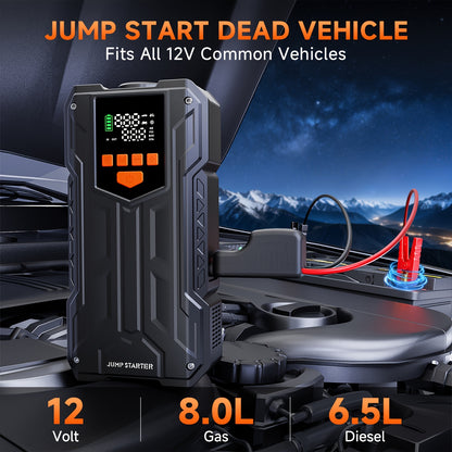 Portable Car Jump Starter with Air Compressor, Jump Starter for Car, 5000A Peak(2.11gal Gas, 1.72gal Diesel) with 150 PSI Tire Inflator, 12V Car Battery Jump Power Pack, Car Jumper Starter Portable, 5in 1 Function Jump, Battery Charger, Smart Cables
