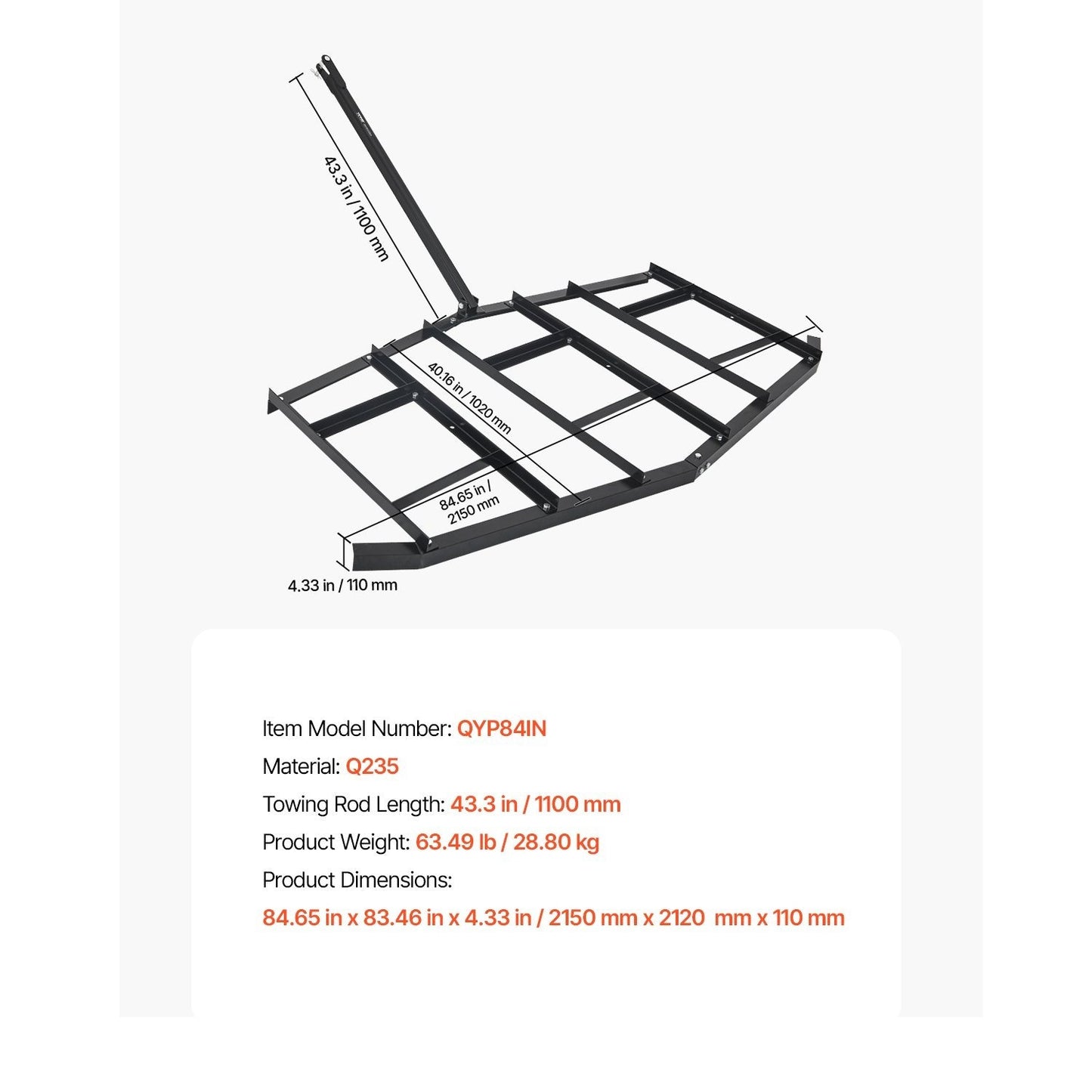 Drag Harrow 66/74/84" Width Tow Behind Drag Harrow Steel Gravel Grader ATV UTV