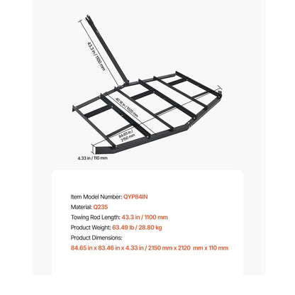 Drag Harrow 66/74/84" Width Tow Behind Drag Harrow Steel Gravel Grader ATV UTV