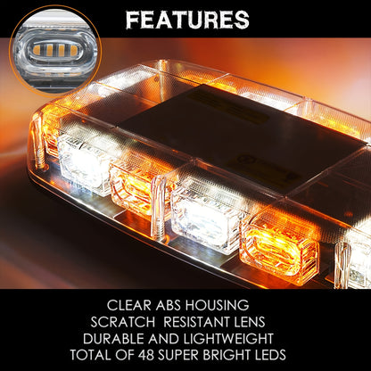Mini Beacon Light Bar with 48 Leds And a Magnetic Base, Designed for High Visibility in Off-Road Work, Suitable for Snow Plow Trucks And Construction Vehicles - Amber And White Colors, Without Battery
