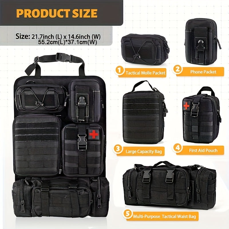 6pcs Set - Heavy-Duty MOLLE Tactical Car Seat Organizer Pouch with Adjustable Fasteners and Thickened Back Panel - Suitable for Jeeps, Trucks, SUVs - Premium Vehicle Storage System, Durable Nylon Bag for Gear, First Aid, and Tools - Car Trunk Lid