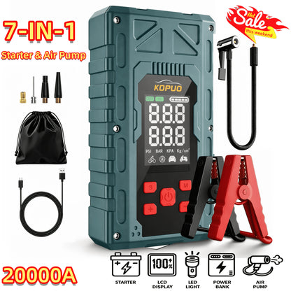 6000-20000A Peak Single Jump Starter Or 12V Portable Car Jump Starter with Air Compressor, Jump Starter Battery Pack with 150PSI Tire Inflator, 7-in-1 Multi-functional Battery Booster Power Bank with LED Light, Car Battery Charger, Roadside Assistanc
