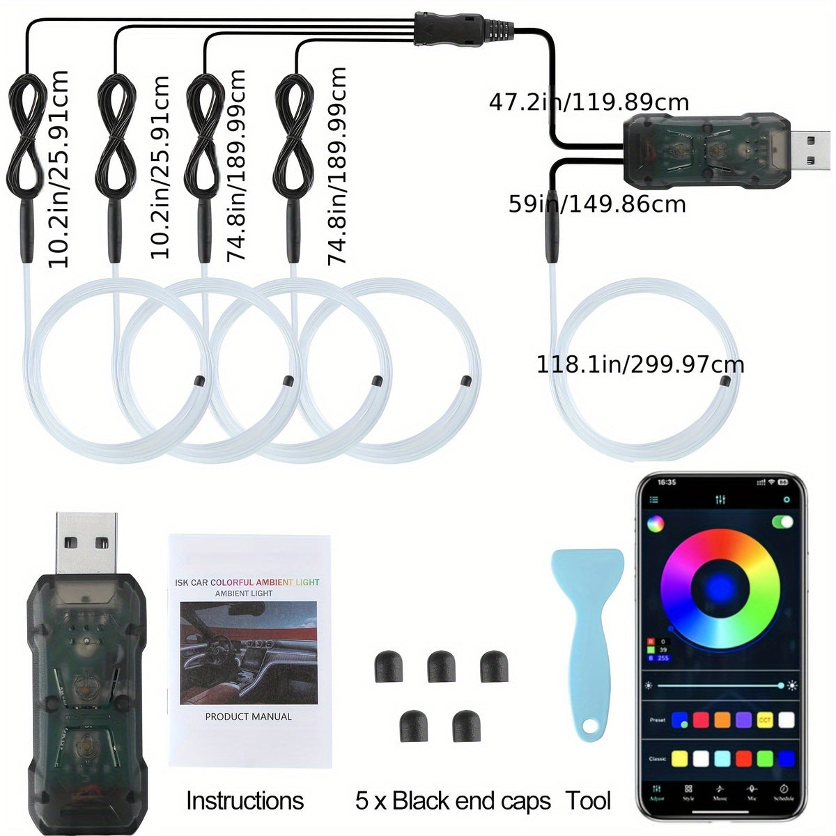 RGB Car Interior Ambient Light Kit – 5-in-1 Fiber Optic LED Strip 276 Inch, 16 Million Colors, Music Sync, App Control for Cars, Trucks & SUVs