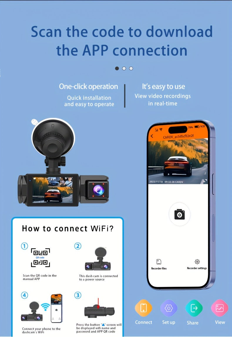 2.0 Lnch IPS Screen Dash Camera, 2/3 Lens with 32GB TF Card Optional, 170 Wide Angle WlFl Night Version Loop Recording G-Sensor WIFI Optional