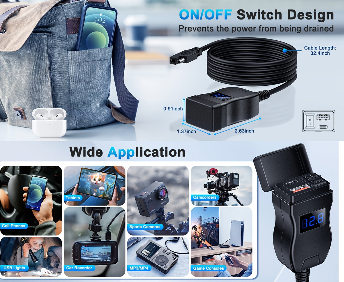 Motorcycle USB Charger Dual Port USB-C PD 20W + QC 3.0 18W Fast Charging with LED Voltmeter ON/OFF Switch SAE Connector 12-24V for Phone Tablet GPS