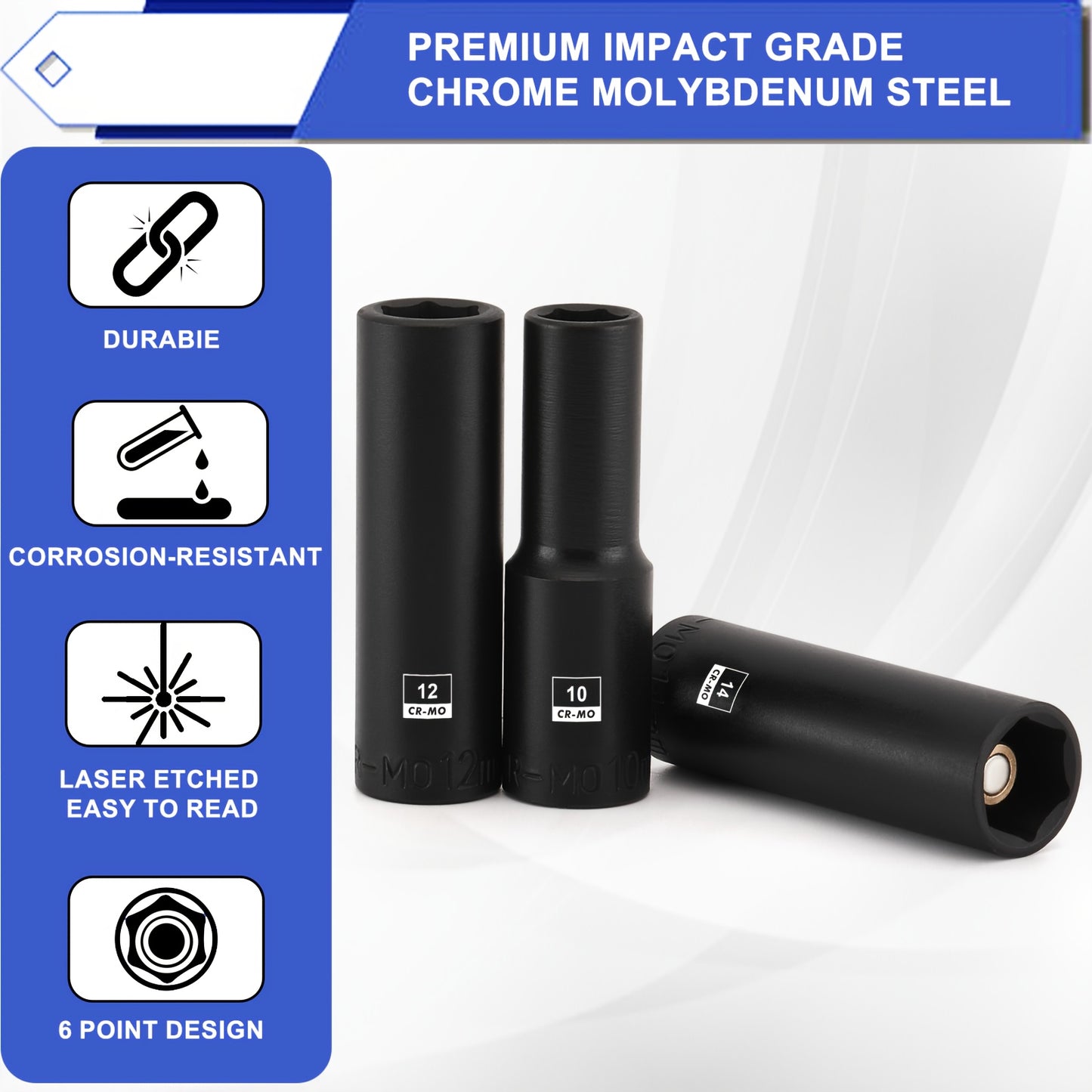 13pcs 3/8" Drive Magnetic Impact Socket Set, 6 Point, CR-MO, Deep, Metric, 7Mm, 8Mm, 9Mm, 10Mm, 11Mm, 12Mm, 13Mm, 14Mm, 15Mm, 16Mm, 17Mm, 18Mm, 19Mm, with Storage Rails, Connect The Impact Tool to Use, Tight Connection